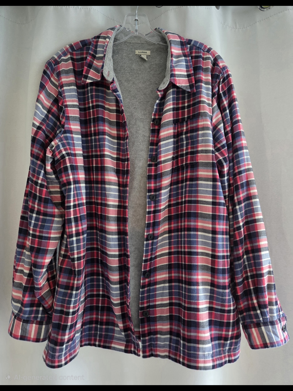 L.L. Bean Fleece-Lined Plaid Flannel Shacket - Pink, Blue & Grey